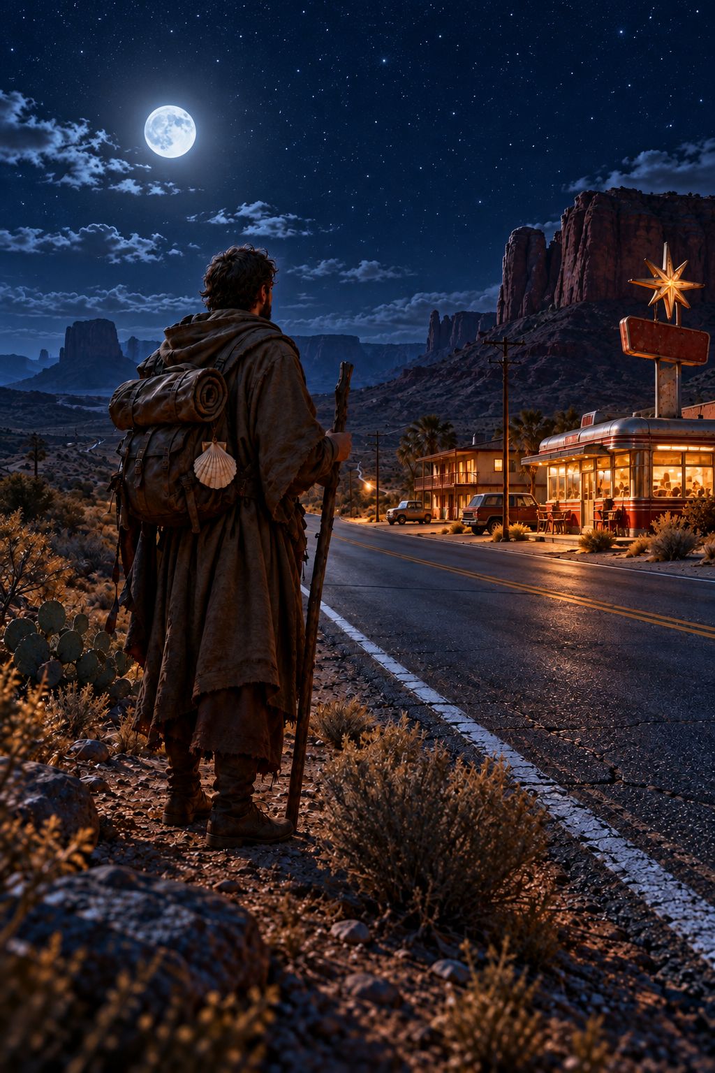 The pilgrim at the edge of a desert highway at night, red mesas in the distance and a roadside diner glowing ahead