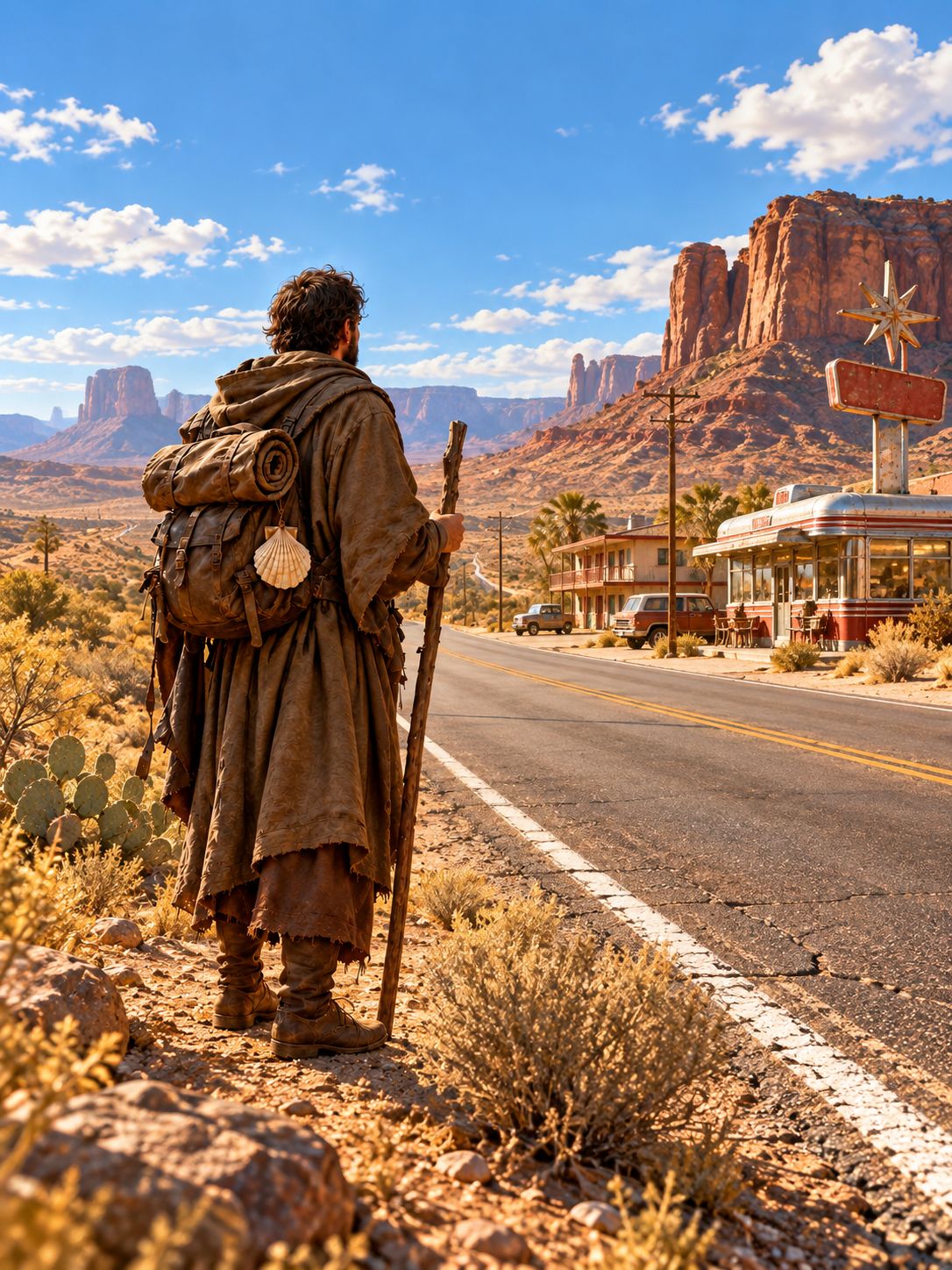 The pilgrim beside the desert highway in daylight